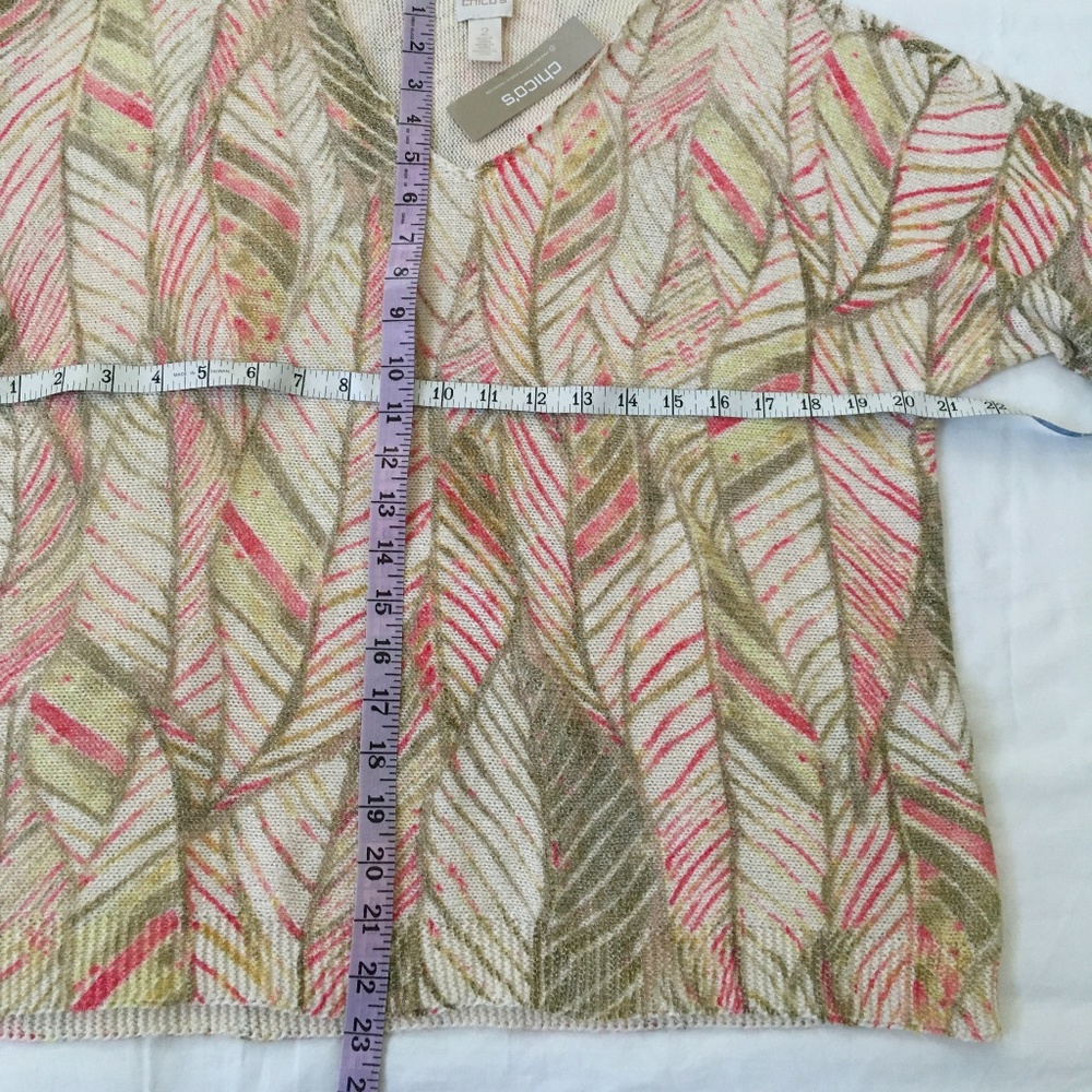 NWT  CHICOS Cotton Leaf Print Knit Top Size 2 (Large/XL) Cream Pink Green - Picture 4 of 6